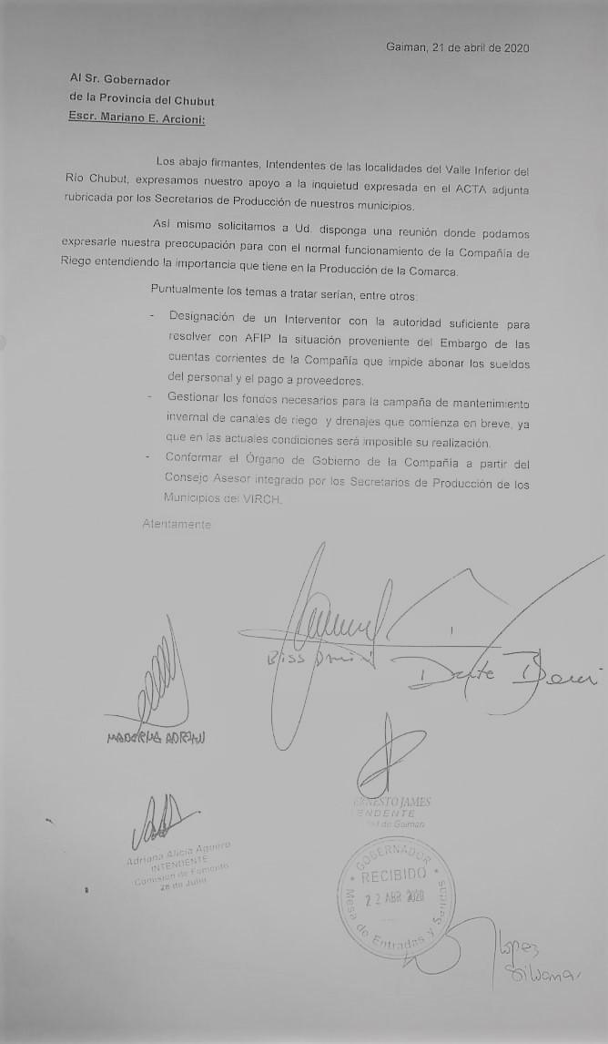 Nota intendentes por Compañía de Riego